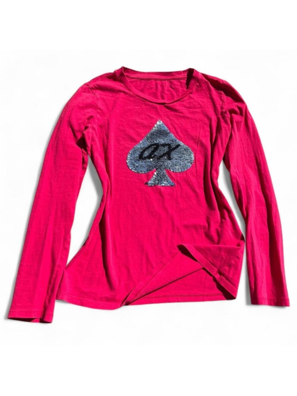 Armani Exchange red long sleeve shirt with silver sequin spade graphic